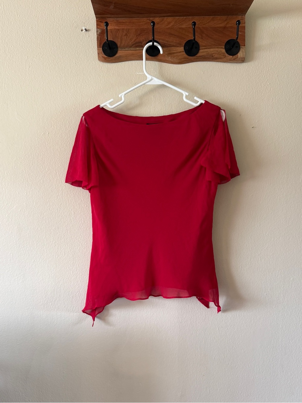 Vintage Y2K Cynthia Howie Red 100% Silk Boatneck Split Flutter Sleeve Top 12